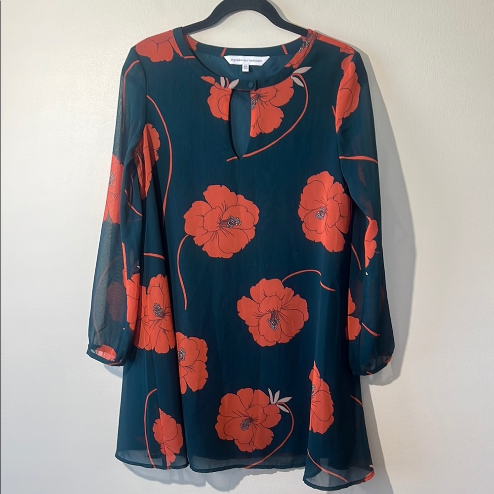Cupcakes & Cashmere Sybella‎ Shift Dress Women XS sheer long sleeve floral print